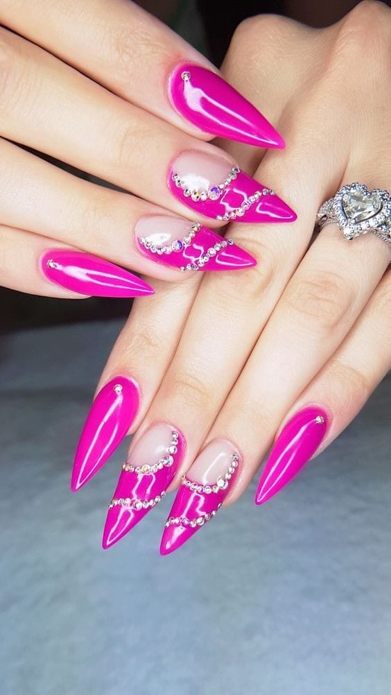 Neon Hot Pink Nails with Swirl Diamonds