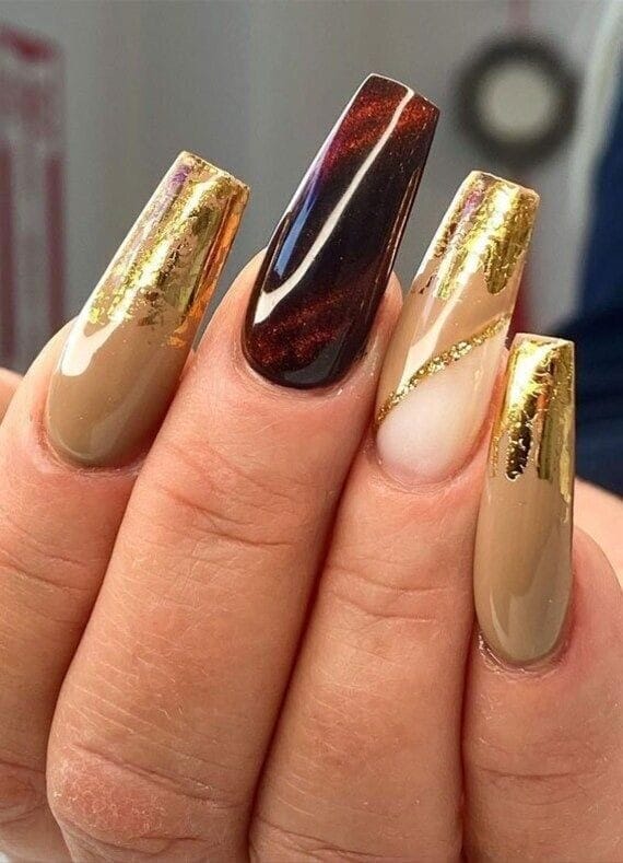 Brown Marble Square Nails With Gold Foil and Sequins