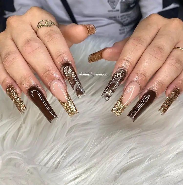 Dark Brown and Gold Marble Deep French Coffin Nails
