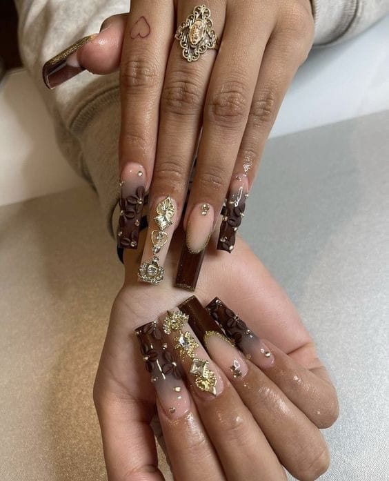 Brown & gold Crystals nails