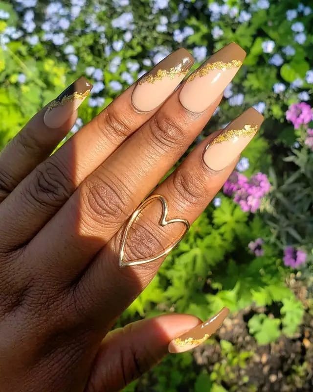 Brown Angled French Coffin Nails With Gold Foil