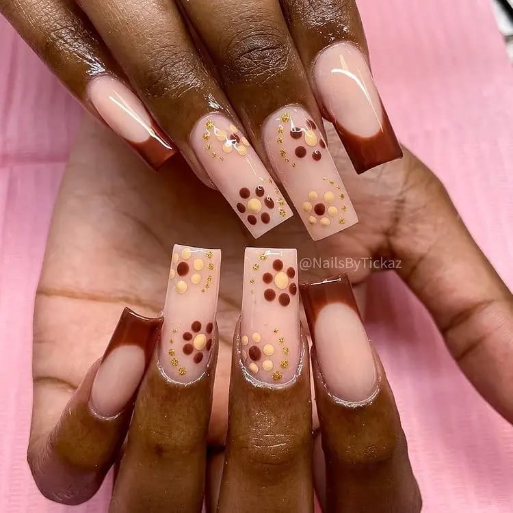 Brown French Square Nails With Gold and Brown Polka Dots