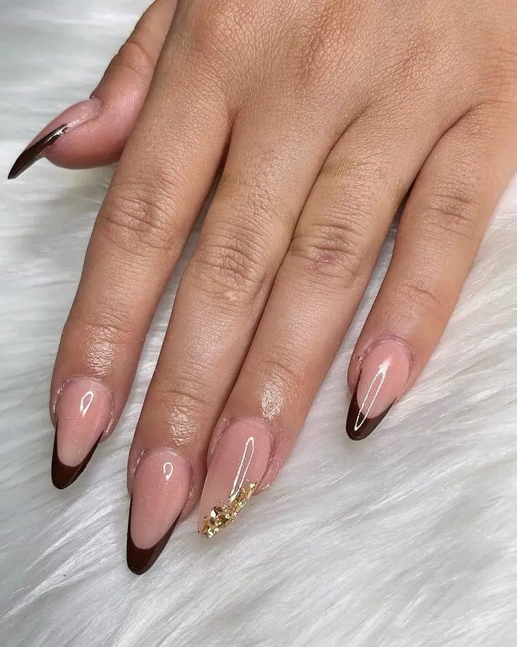 Dark Brown and Gold Glitter French Almond tip Nails