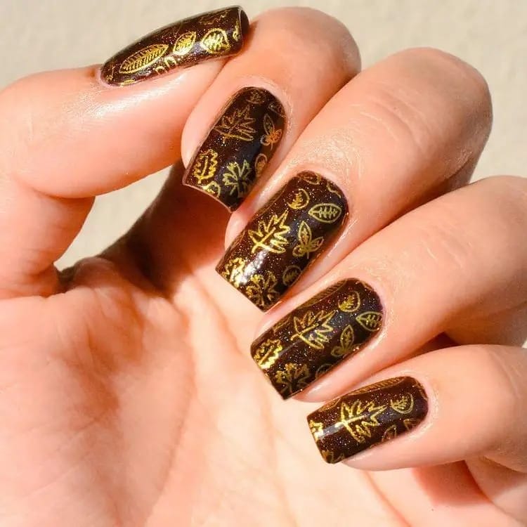 Dark Brown Nails With Gold Leaves
