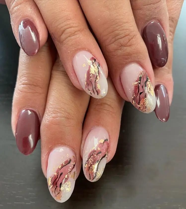 Chocolate Brown and Gold Glitter Almond Nails With Off-White Marble Design