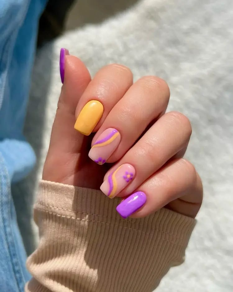 Purple & yellow Swirls Floral Nails