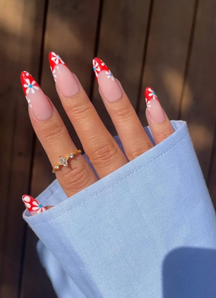 Red Tips floral acrylic nails