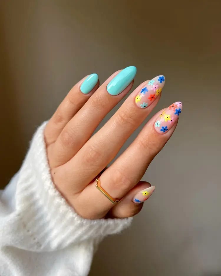 Aqua floral nails