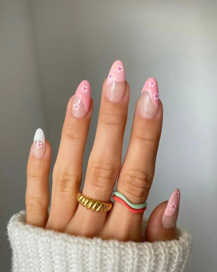 Light Pink & white Floral tips nails 