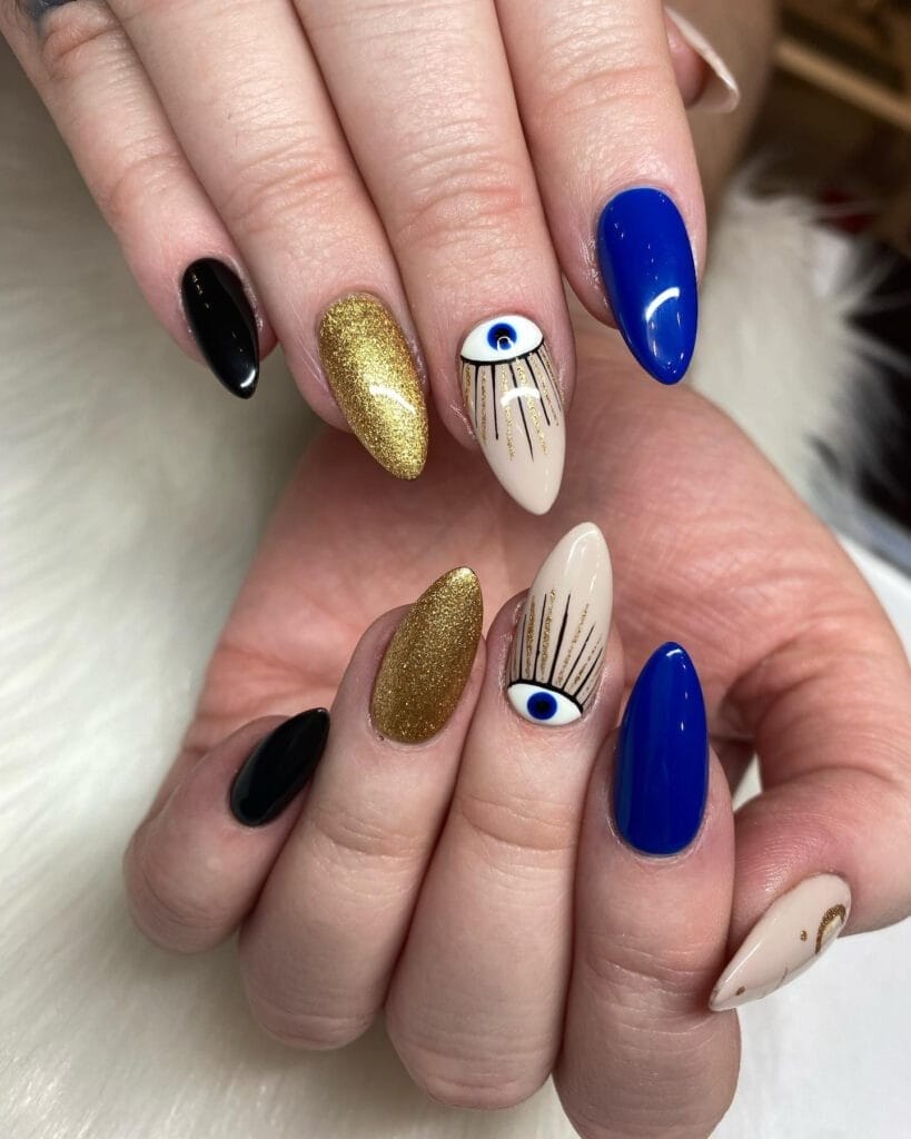 Gold and Blue Evil Eye Nails