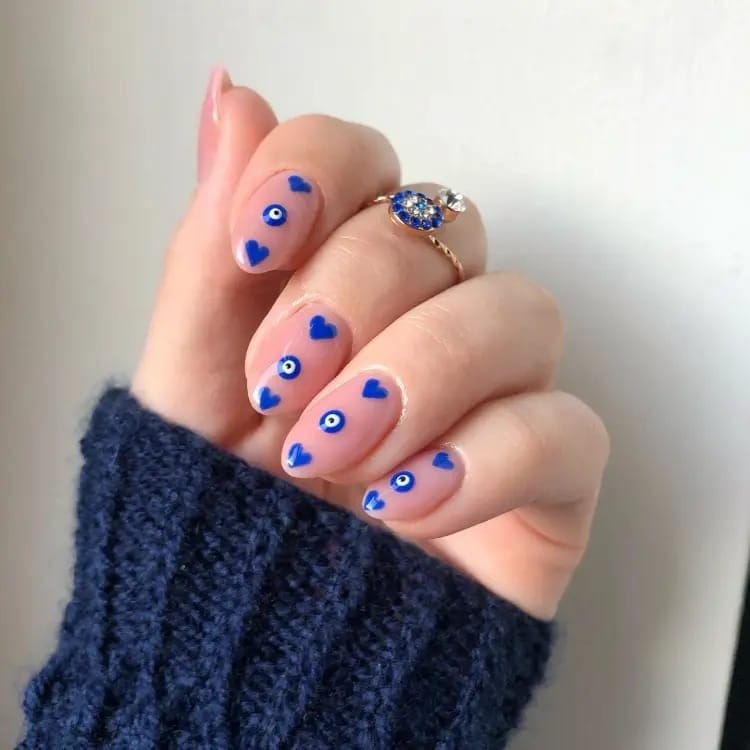 Evil Eye Nails with blue Hearts 