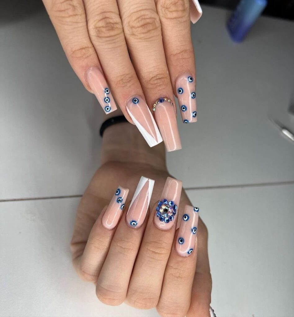 Nude and Beige Evil Eye Nails with gems