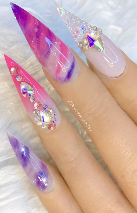 hot pink and purple ombre long nails with Diamonds 