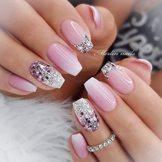 Pink & silver glitter Wedding guest nails