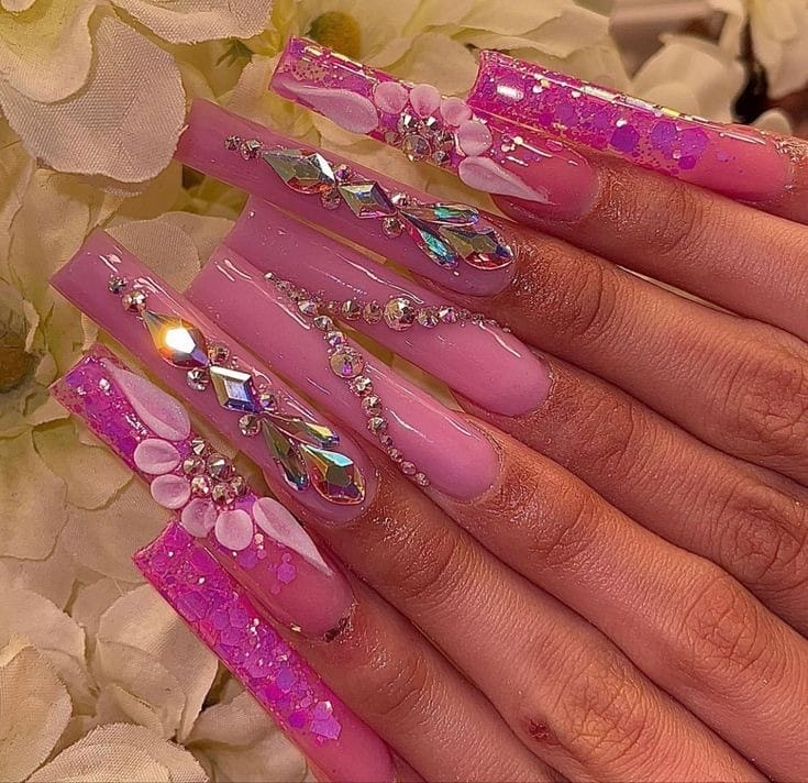 Floral glitter hot pink cute with diamonds nails