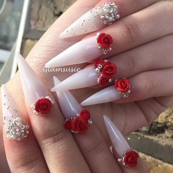 Classic white Wedding guest nails with Red floral  