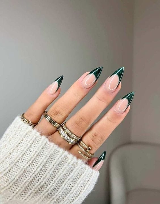 Forest Green French Tips Nails