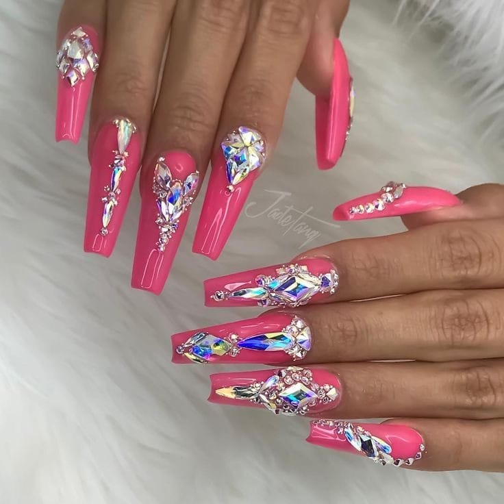 Holographic Coffin Hot Pink Nails with Diamonds
