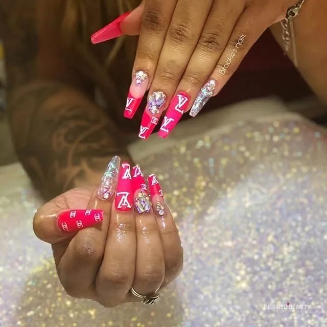 Chunky Hot Pink Nails With Diamonds