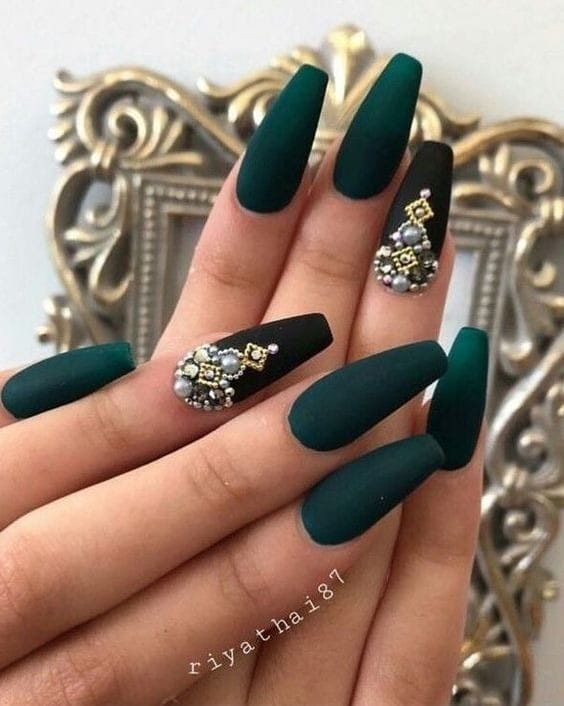 Matte Green nails with Gems