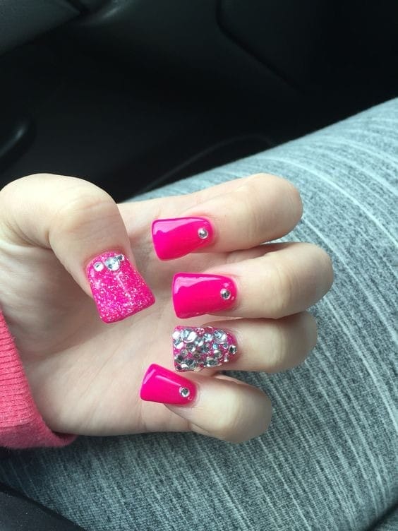 Glittler Short Hot Pink Nails with Diamonds