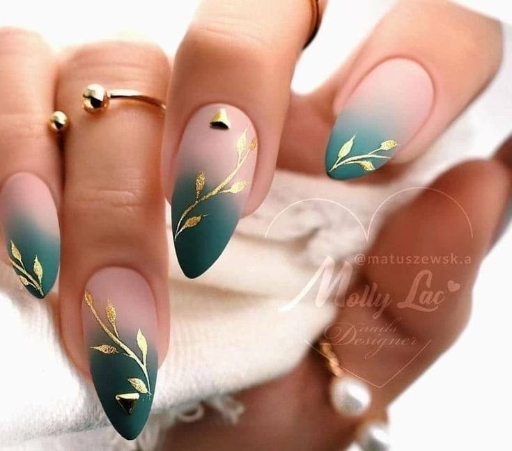 Green Forest With Gold Leaf Nails