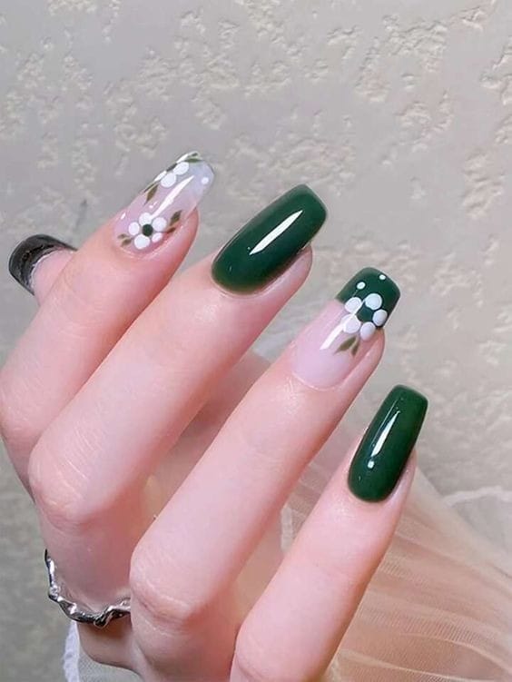 Floral green forest nails