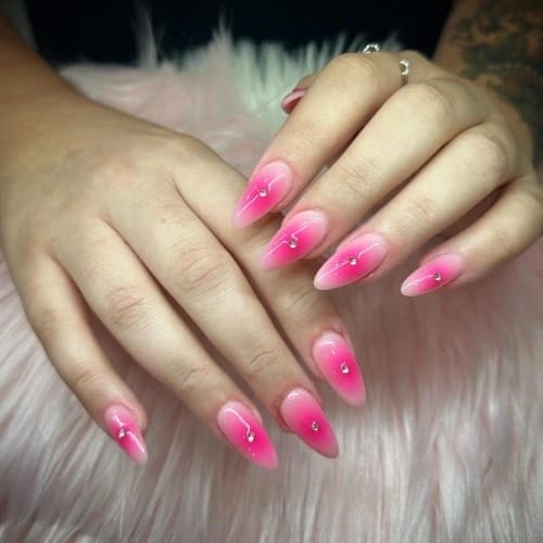 Short hot Pink Ombre Nails with Diamonds in the middle
