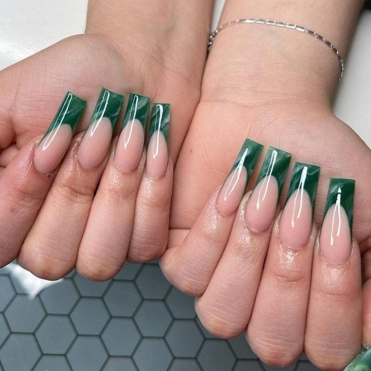 15. French Tip Emerald Green Nails