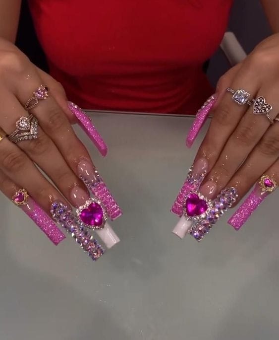 Square Long Hot bright Pink French tip Diamond Nails design