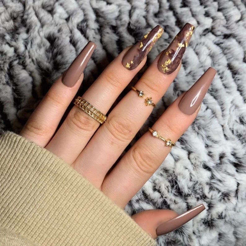 Brown Marble Coffin Nails With Gold Foil