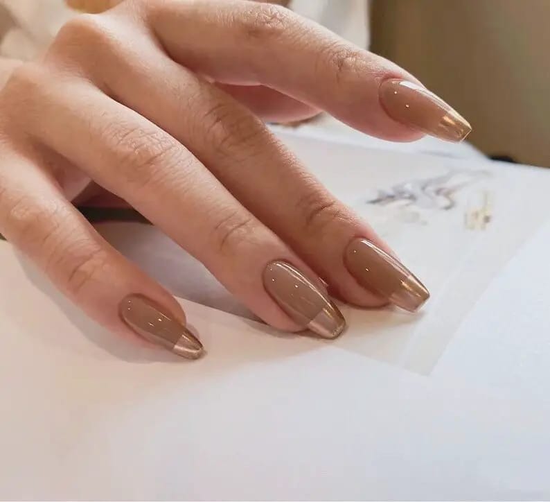 Brown and Metallic Gold French Coffin Nails