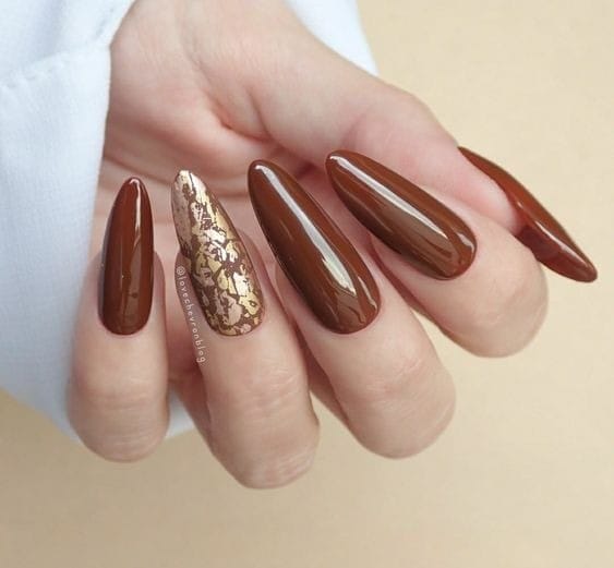 Brown French Coffin Nails With Gold Foil