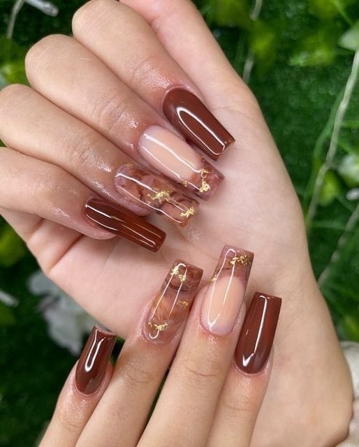 Brown and Gold Glitter Marble Nails