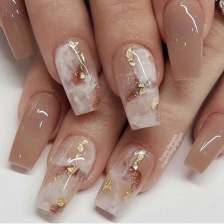 Nude Brown Marble Coffin Nails With Gold Foil