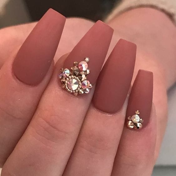 Matte Brown Gradient Nails With gold Rhinestone Accents