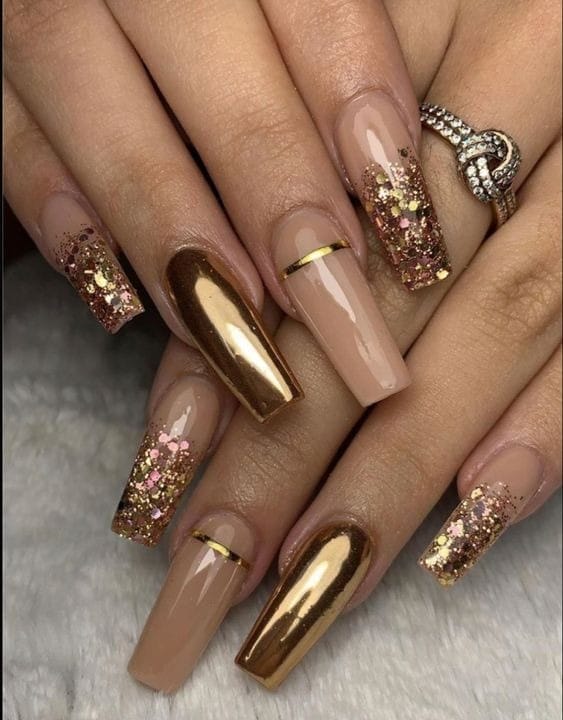 Taupe Brown Coffin Nails With Gold giltter