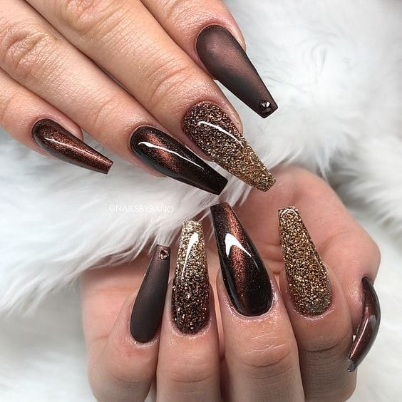 Brown and Gold Glitter Coffin Nails
