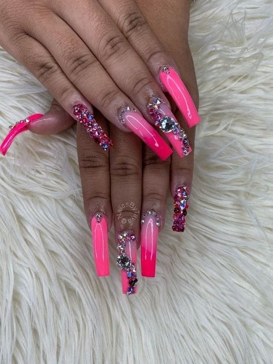 Bright hot pink Glitter Long Diamond Swirl nails