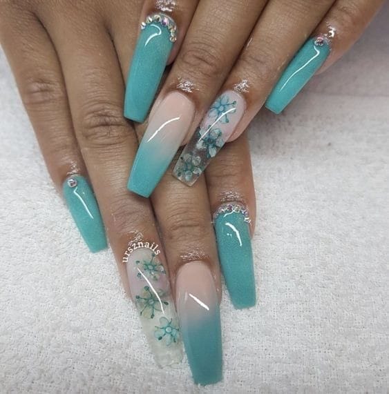 Blue Ombre nails Design with Flowers