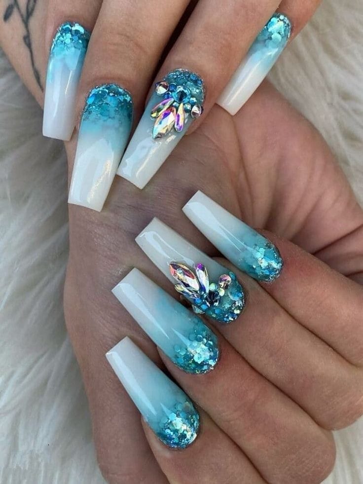tiffany blue Nails with gems