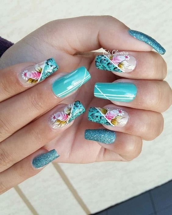 tiffany Blue Nails with Multi-Colored Flowers
