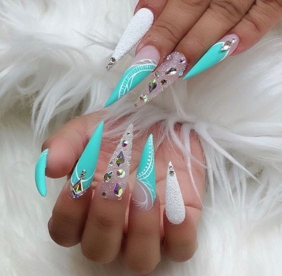 Blue and White tiffany nails Design with Diamonds