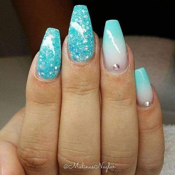 tiffany blue Glitter and Ombre Nails